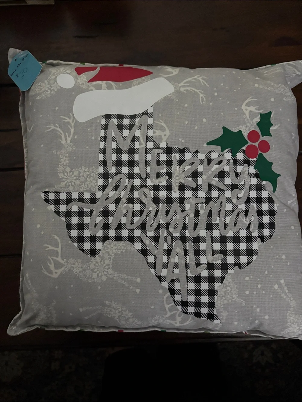 Merry Christmas Y'all Holiday Throw Pillow - Gray Buffalo Check Texas